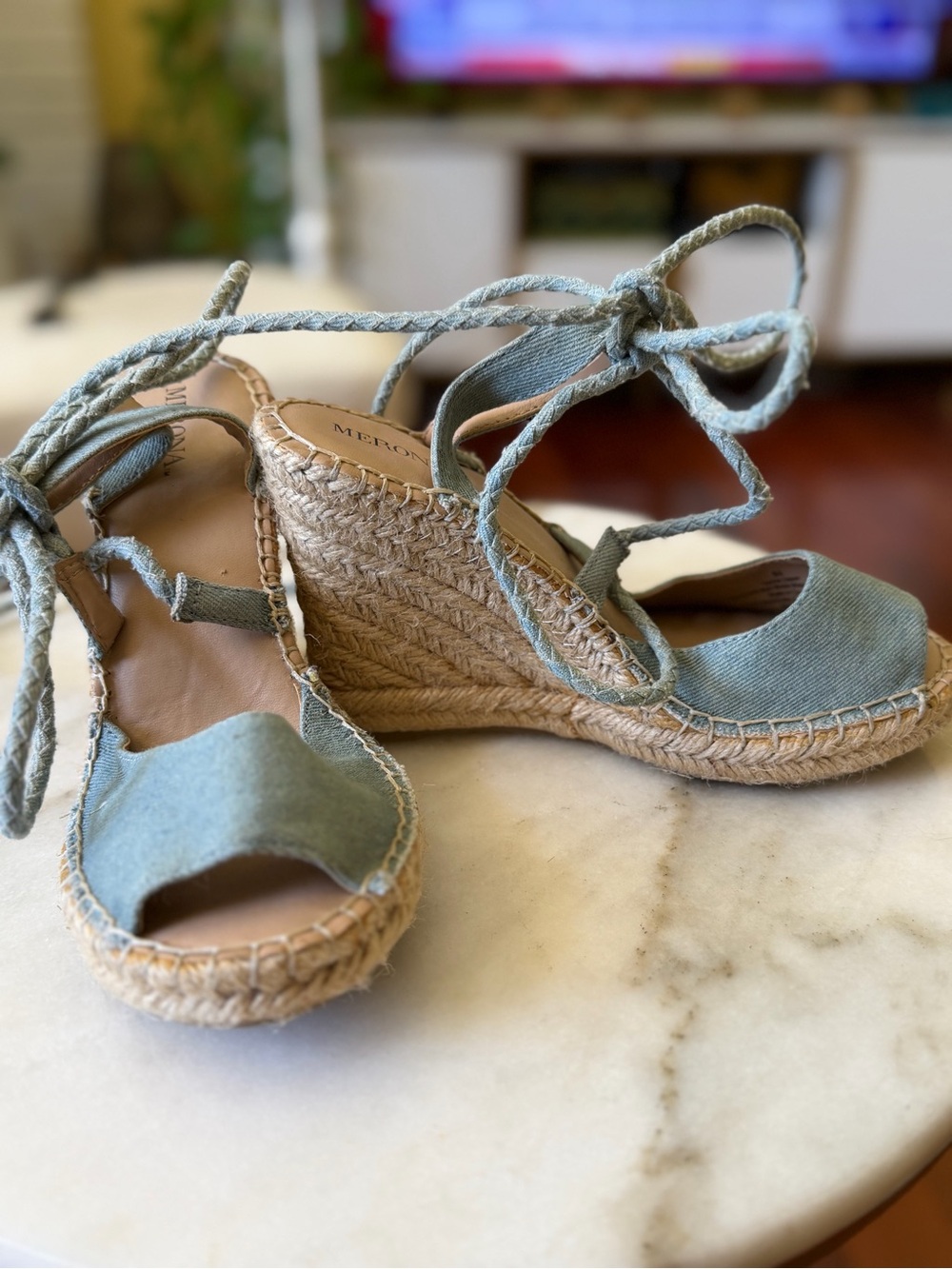 Merona Light Blue Denim Espadrille Wedge Sandals with Ankle Tie